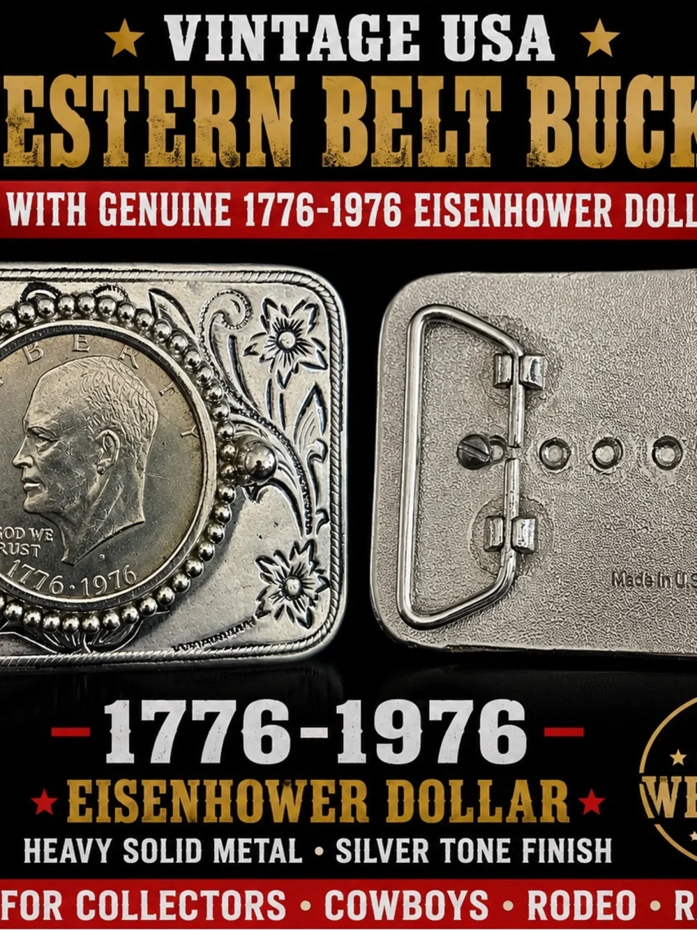 Vintage Silver-Tone Western Belt Buckle with Eisenhower Coin Accent